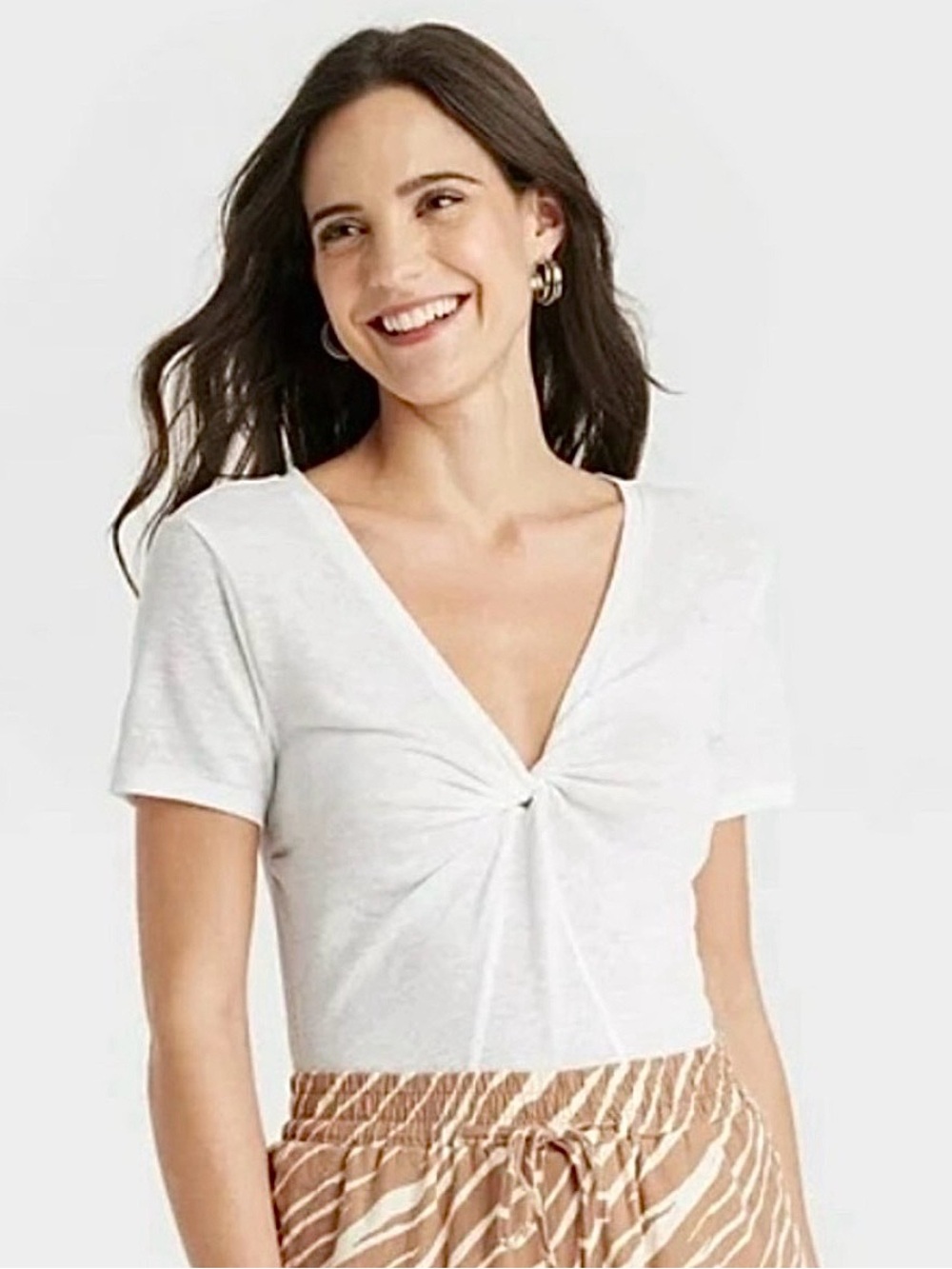 A New Day White Deep Twist Front V-Neck Linen Blend T-Shirt, Large
